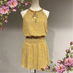 Floral halter mini dress with smocked waistband